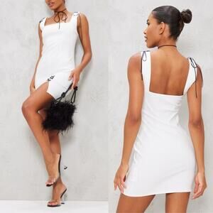 NWT PrettyLittleThing Cream Stretch Woven Bow Detail Bodycon Dress Size 4